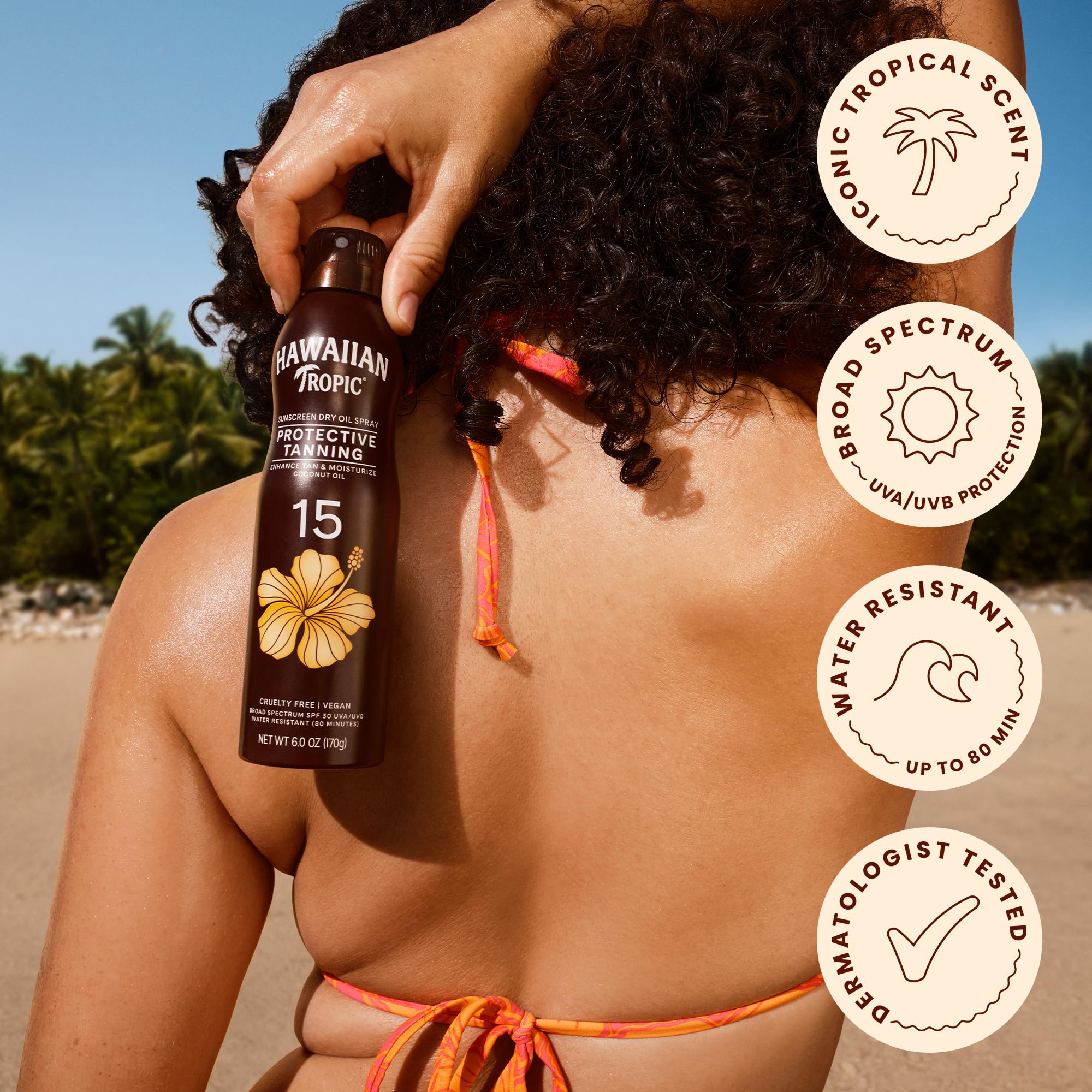 Hawaiian Tropic label with botanicals highlighting coconut oil and island-inspired extracts