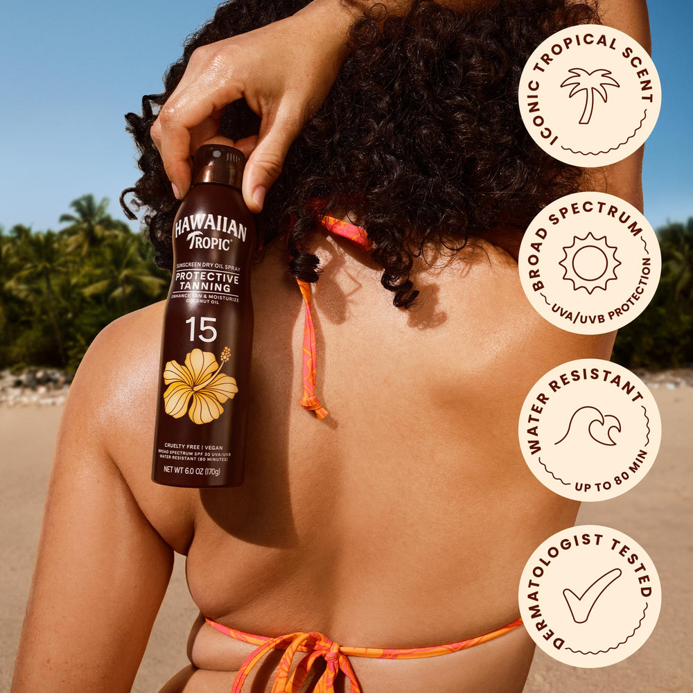 Hawaiian Tropic label with botanicals highlighting coconut oil and island-inspired extracts