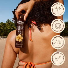 Hawaiian Tropic label with botanicals highlighting coconut oil and island-inspired extracts
