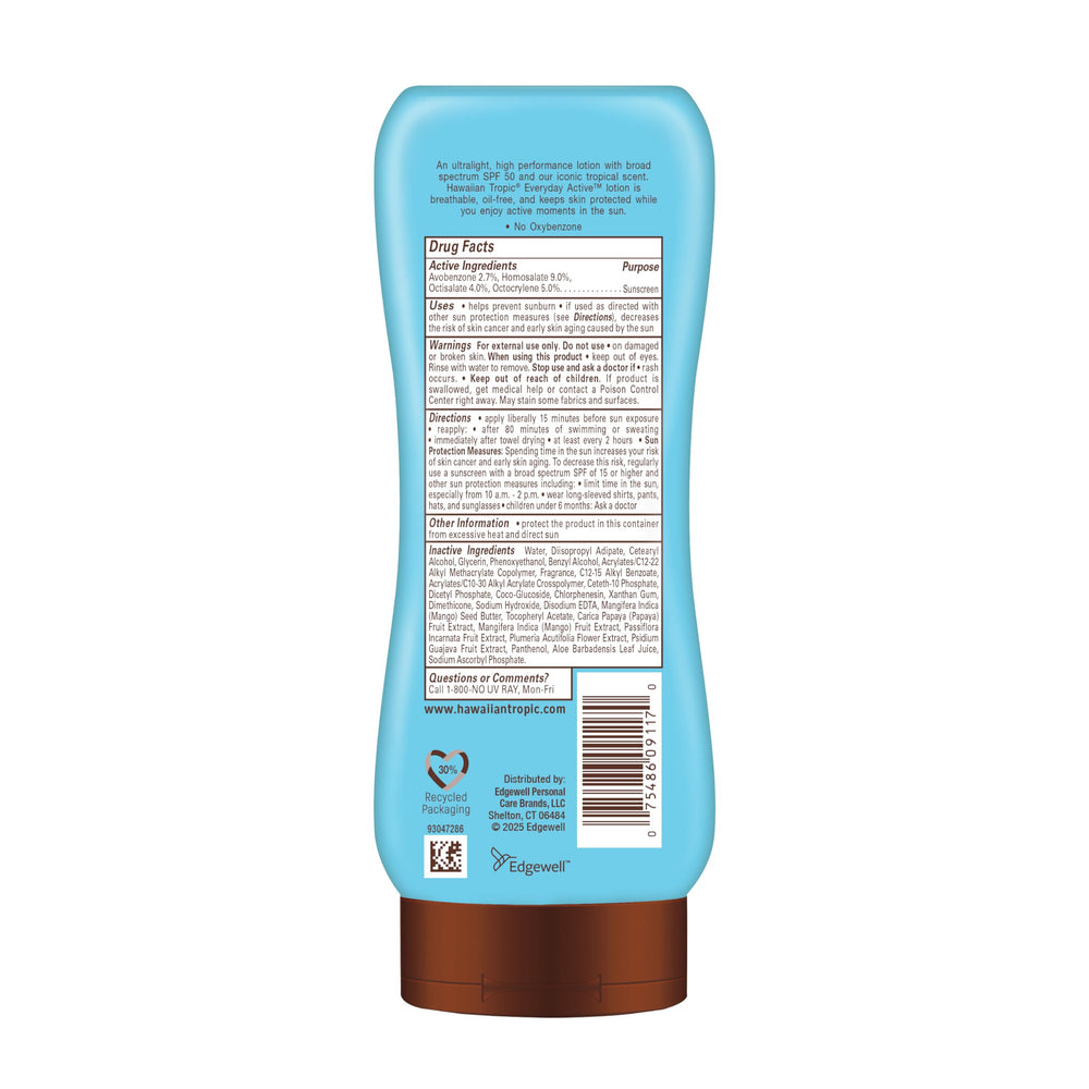 Hawaiian Tropic label close-up emphasizing oxybenzone-free broad-spectrum protection benefit