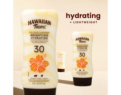 Hawaiian Tropic label closeup listing active sunscreen ingredients and antioxidants