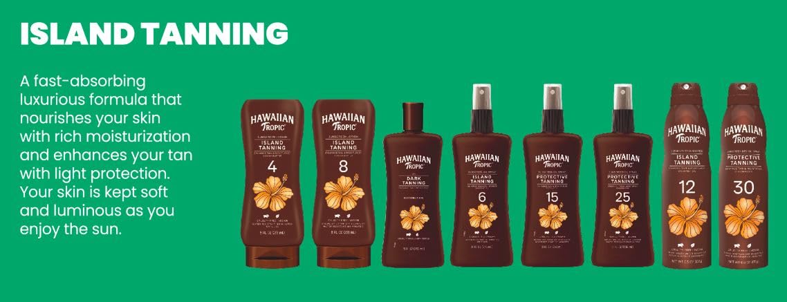 Hawaiian Tropic lotion on beach towel showing lifestyle use and tropical scent