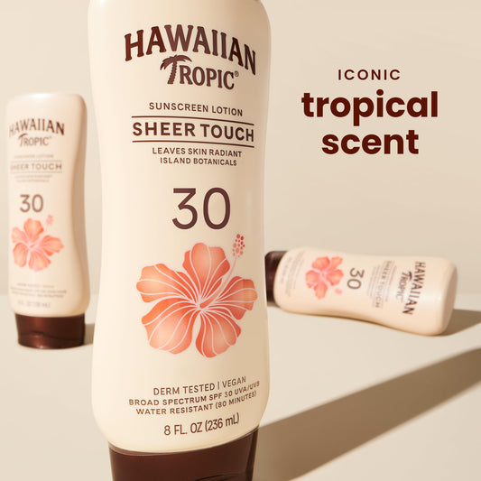 Hawaiian Tropic lotion texture close-up highlighting lightweight, non-greasy moisture