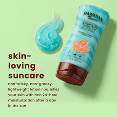 Hawaiian Tropic pouring onto hand demonstrating quick absorption and lightweight finish