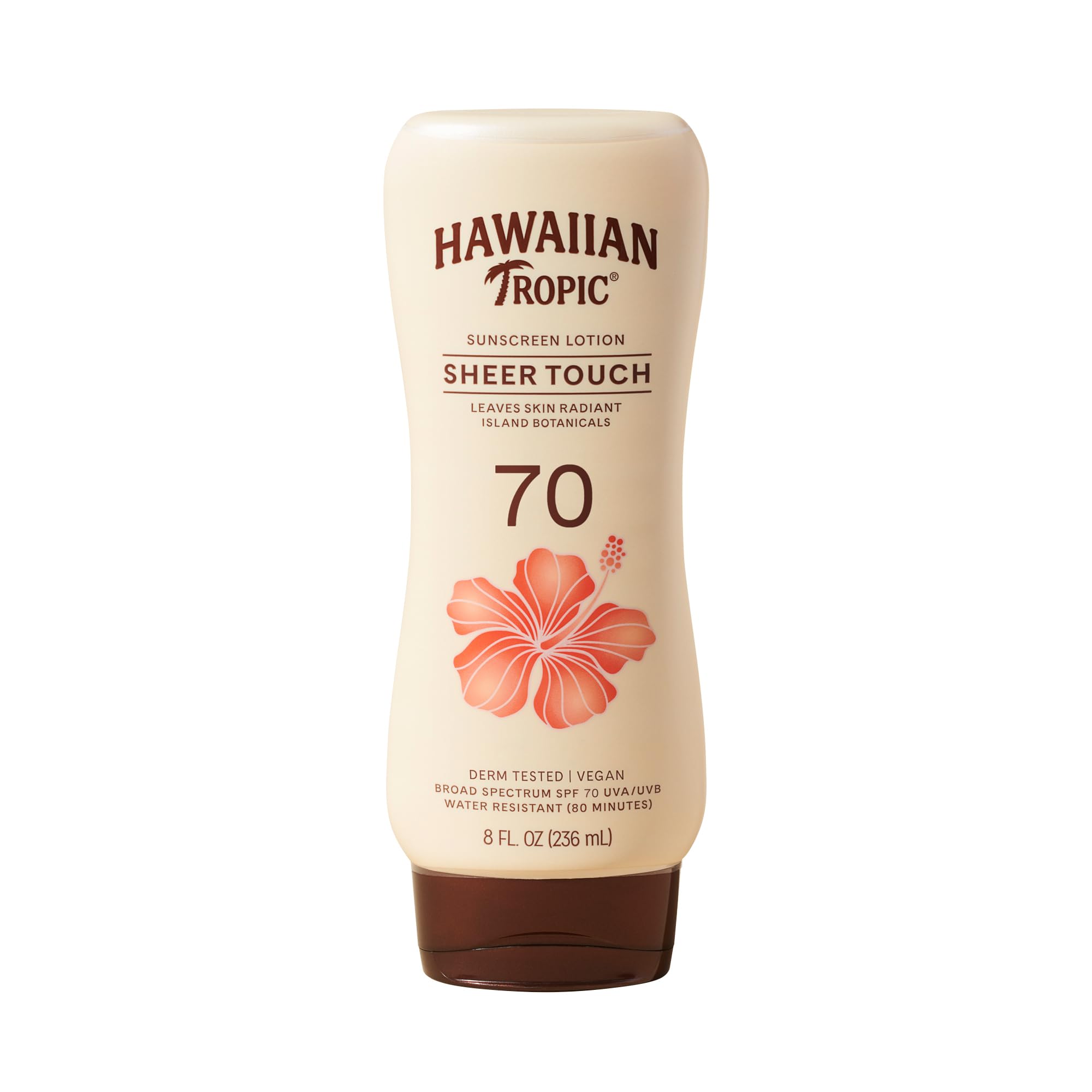 Hawaiian Tropic front bottle showing SPF 70 and luminous finish benefit