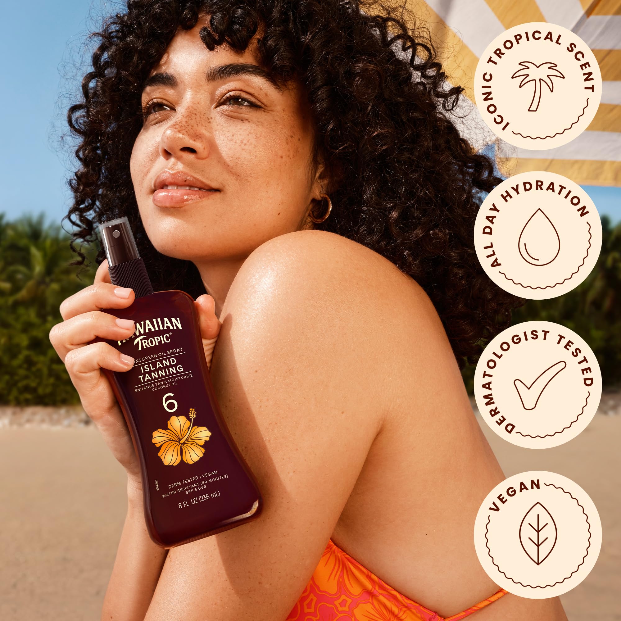 Hawaiian Tropic 8 oz bottle next to hand to show exact size and travel convenience