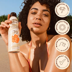 Hawaiian Tropic 6 oz bottle beside a smartphone for scale