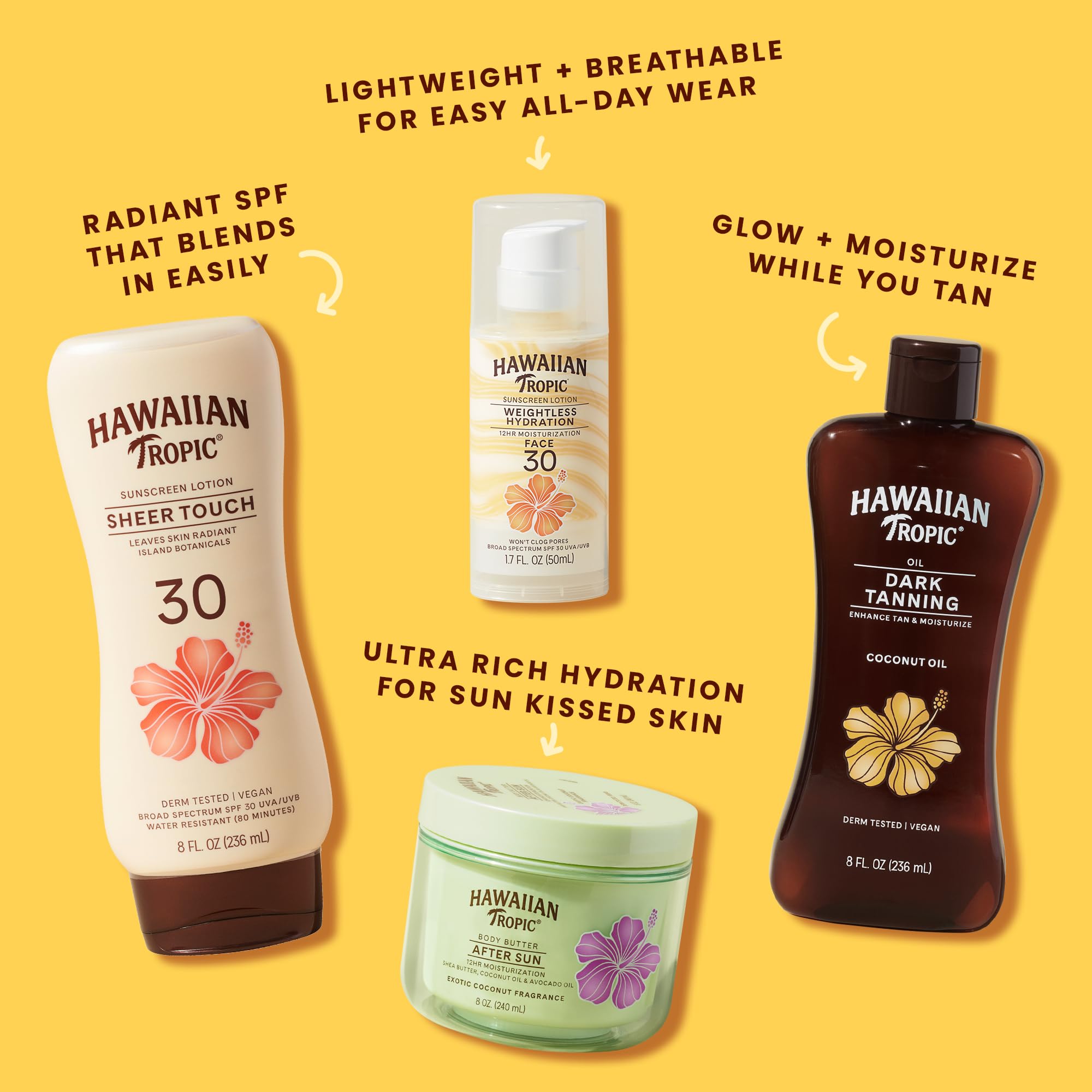 Hawaiian Tropic size comparison next to sunglasses illustrating travel-friendly 6 oz