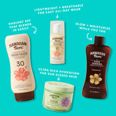 Hawaiian Tropic twin pack on sand with sunglasses suggesting travel-ready protection