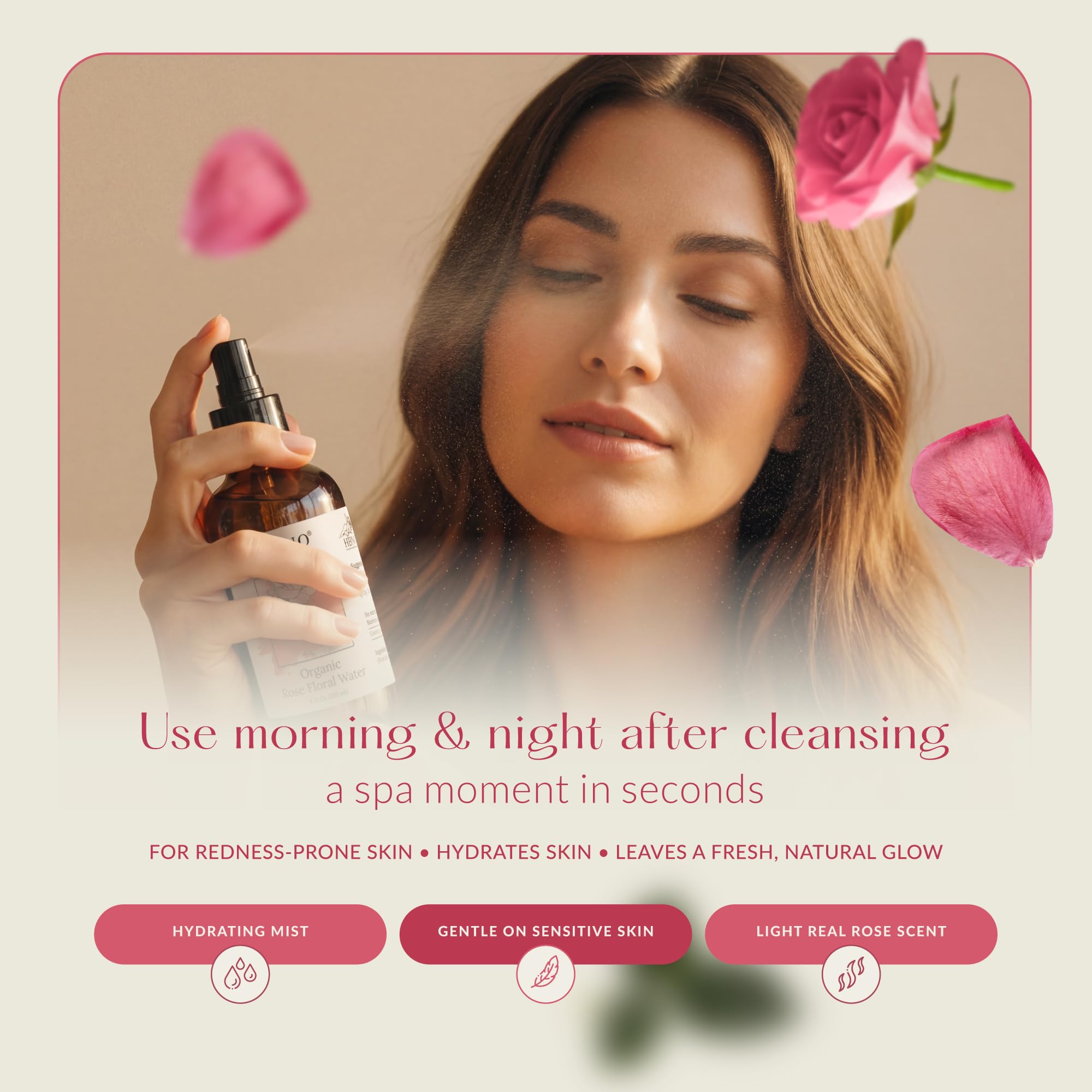 HBNO close-up rose hydrosol texture highlighting pure floral clarity