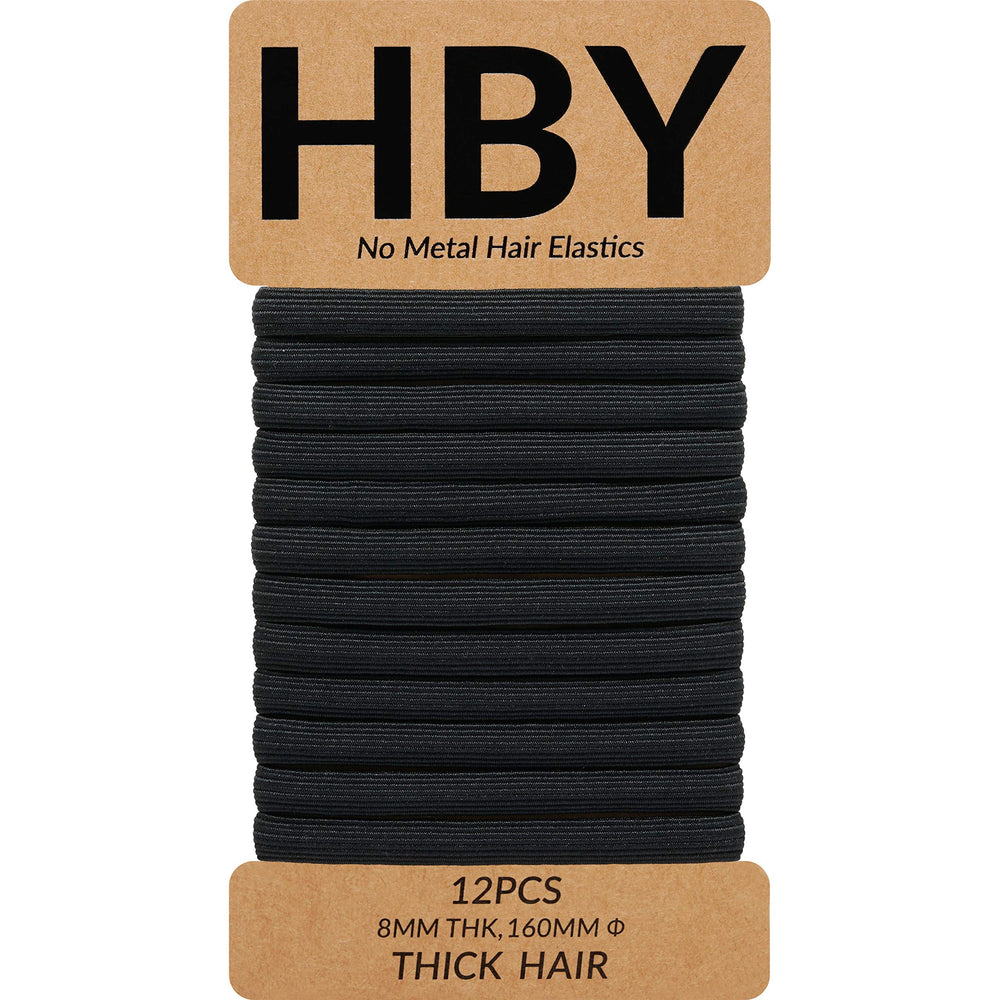 HBY front packaging showing 12-piece black hair ties and secure storage benefit