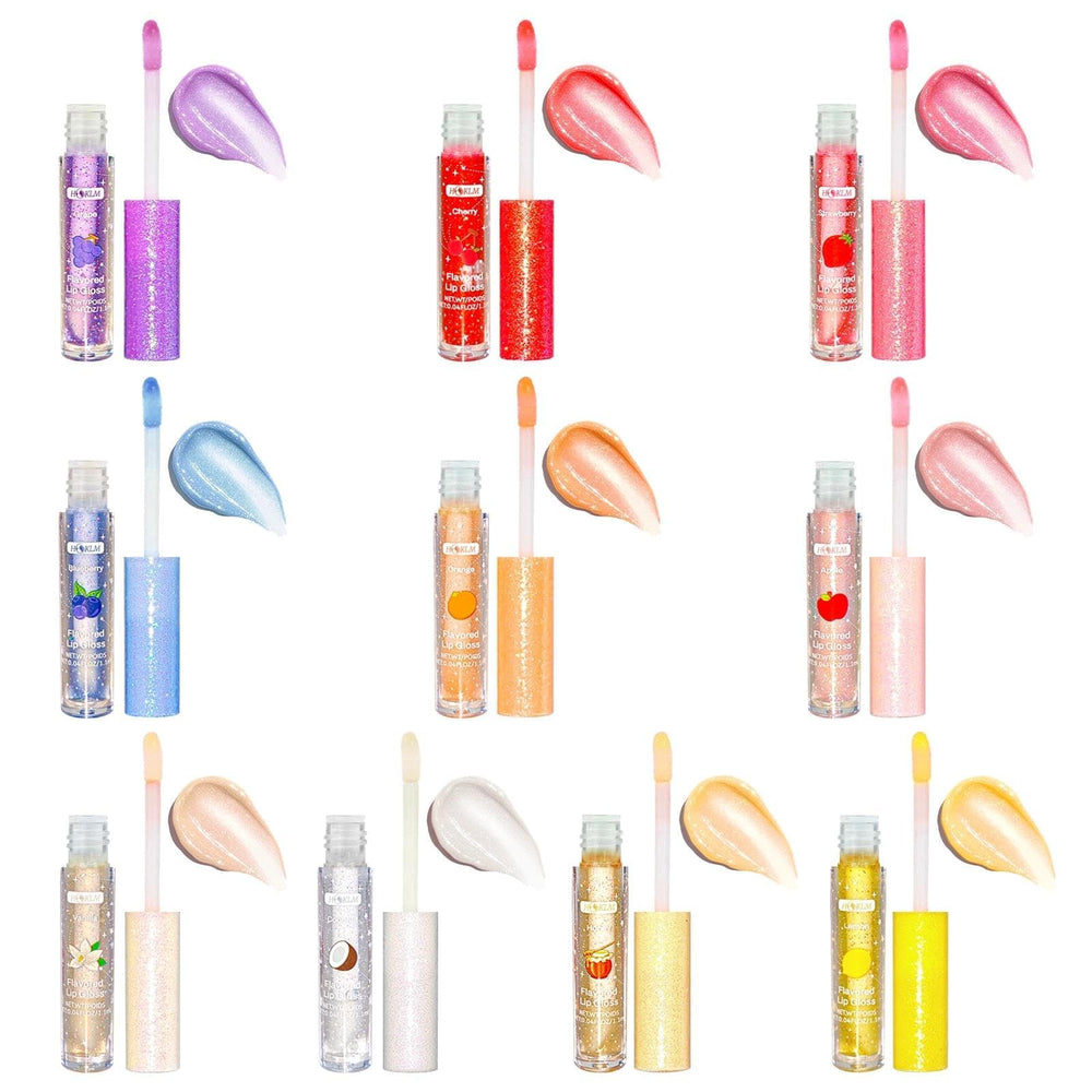 HCKLM color array flatlay displaying ten flavors and glitter accents for variety