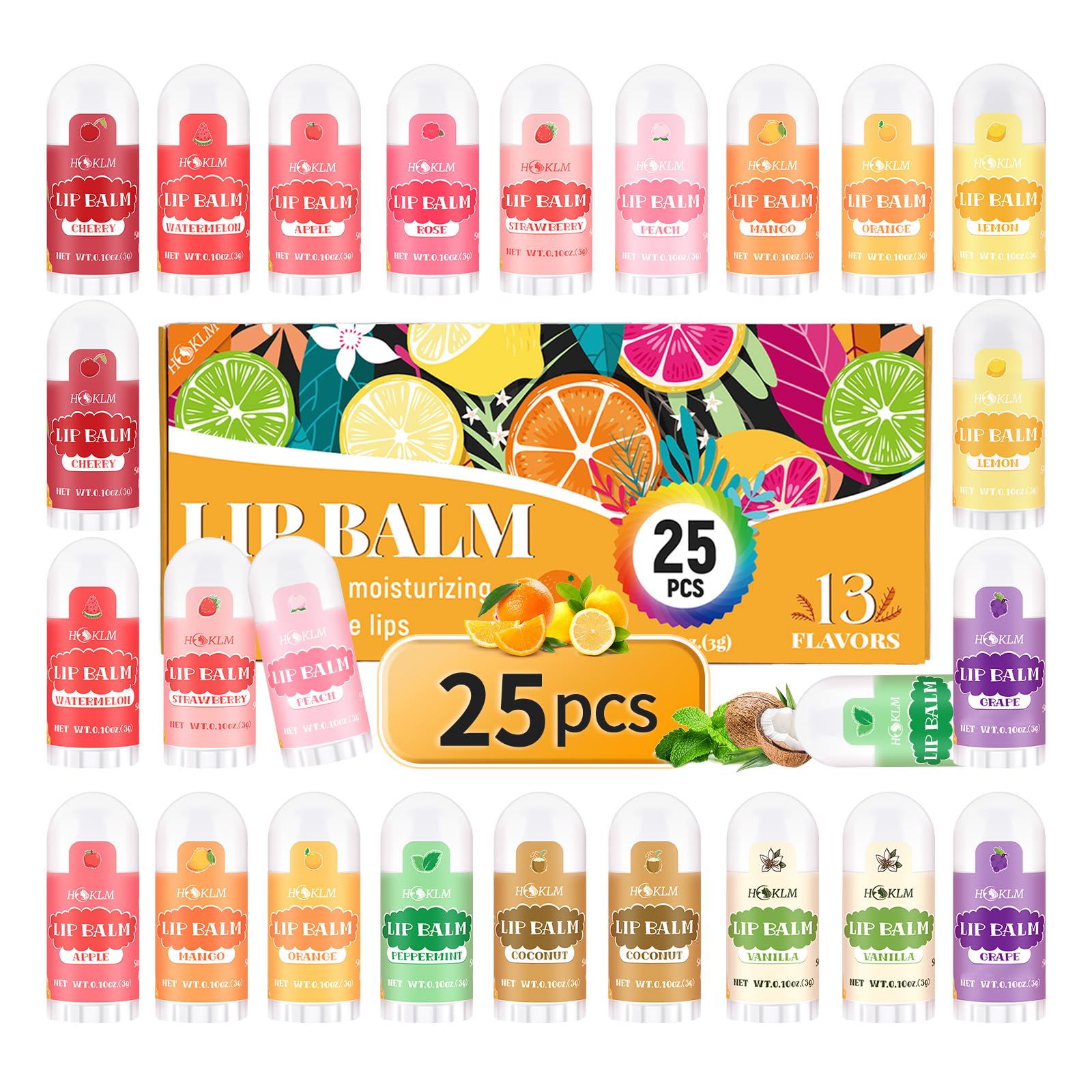 HCKLM front packaging showing 25 mini lip balm tubes and flavor variety benefit