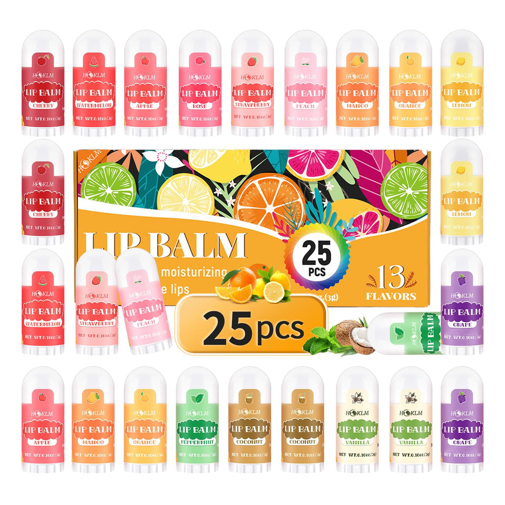 HCKLM front packaging showing 25 mini lip balm tubes and flavor variety benefit