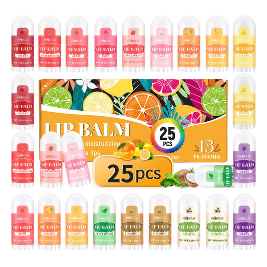 HCKLM front packaging showing 25 mini lip balm tubes and flavor variety benefit