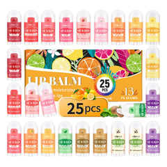 HCKLM front packaging showing 25 mini lip balm tubes and flavor variety benefit