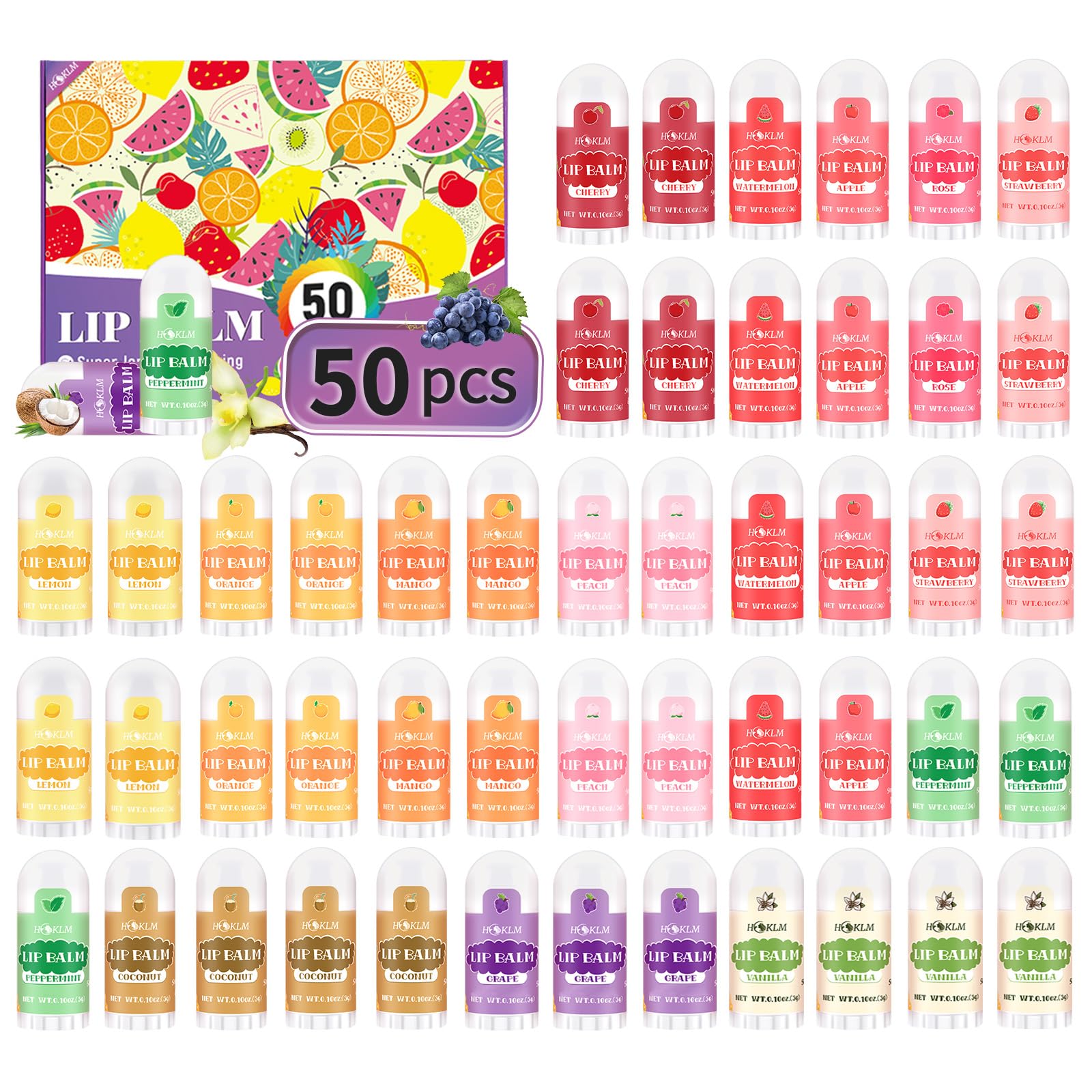 HCKLM front packaging showing 50 mini lip balms and flavor variety for quick gifting