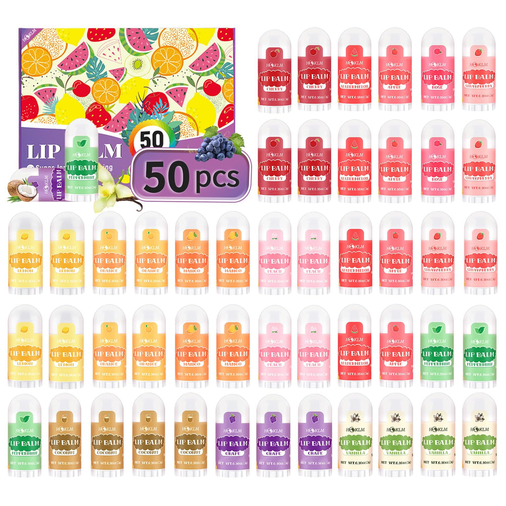 HCKLM front packaging showing 50 mini lip balms and flavor variety for quick gifting
