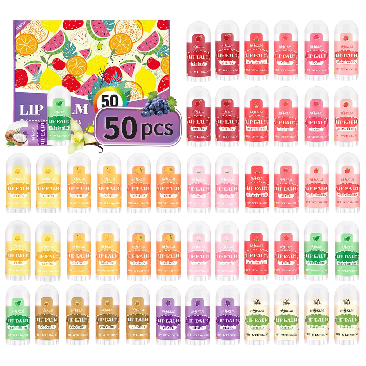 HCKLM front packaging showing 50 mini lip balms and flavor variety for quick gifting