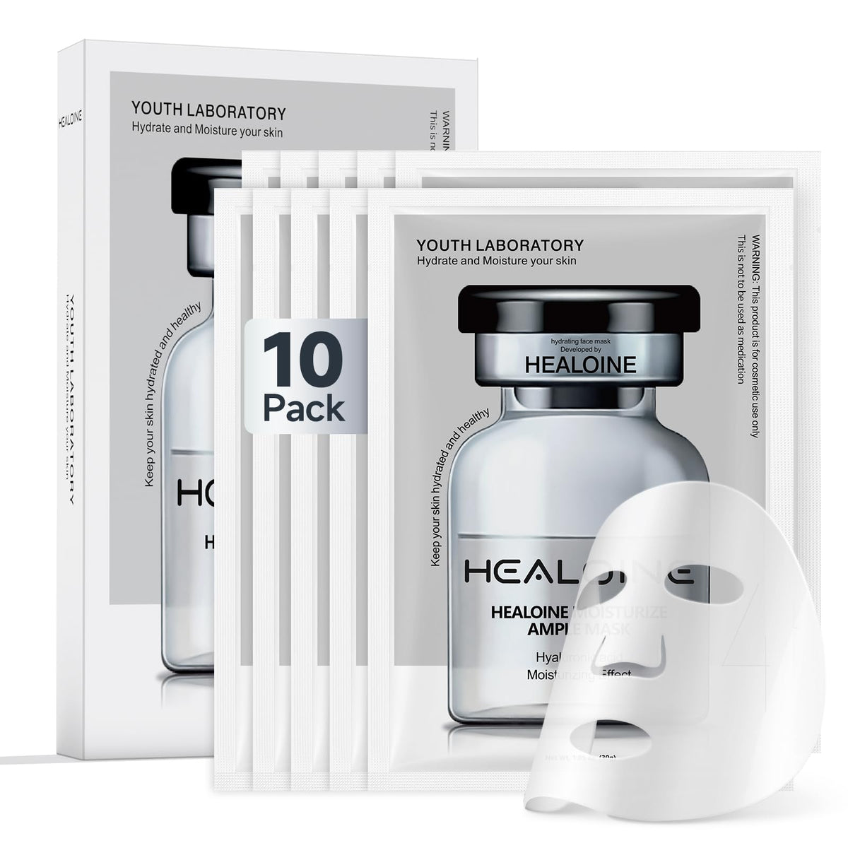 HEALOINE front packaging displaying 10-piece overnight mask set and benefits