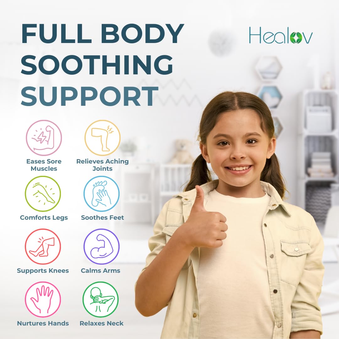 Healov applying lotion to child legs demonstrating soothing muscle comfort benefit