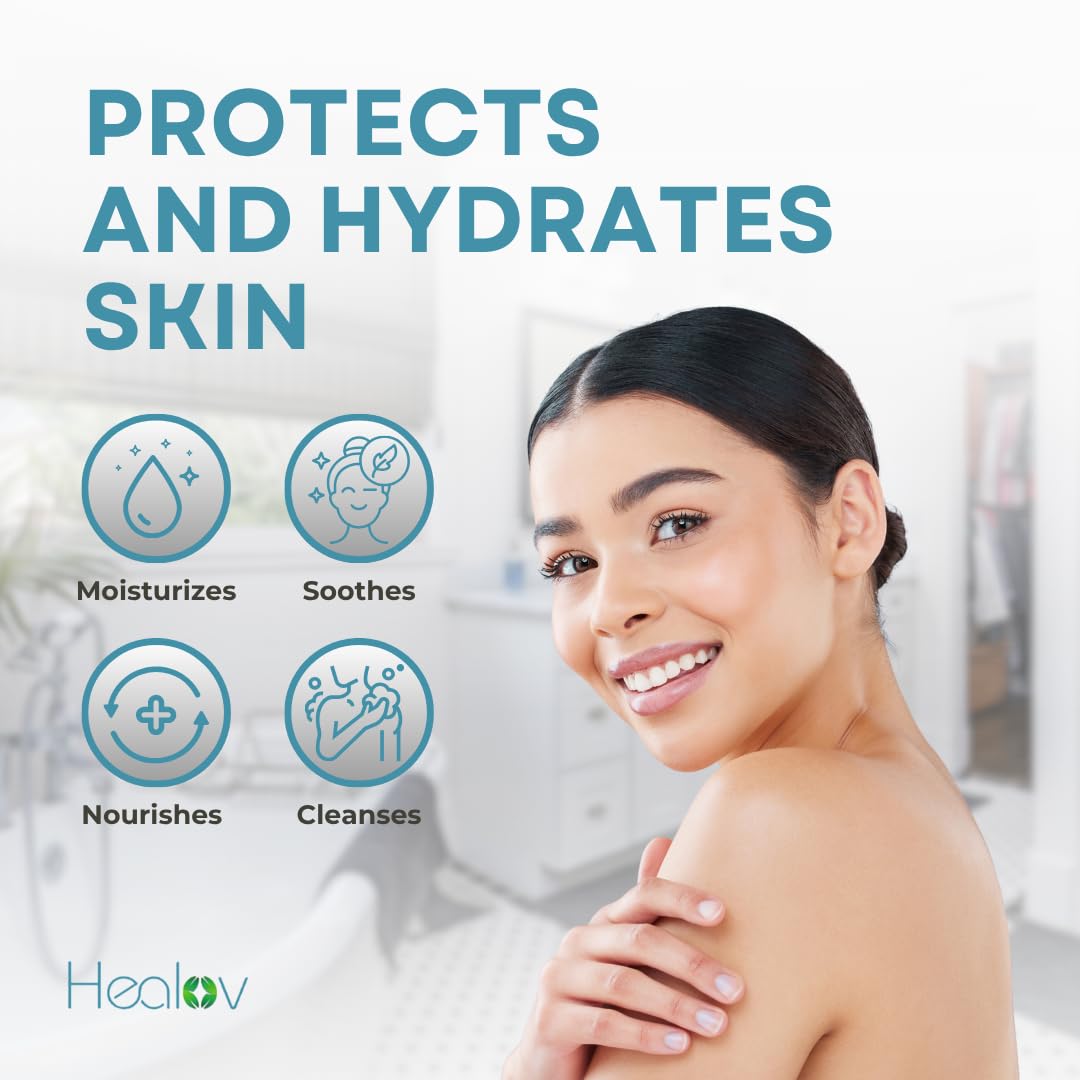 Healov body wash on shower shelf in bathroom promoting calm bathing routine