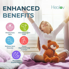 Healov bedtime scene with parent massaging child showing calming routine benefit