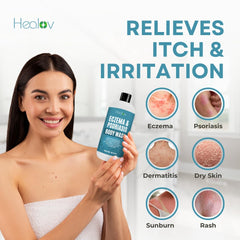 Healov bottle dispensing soft foam that soothes itchy, sensitive skin