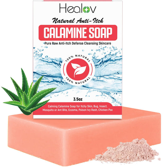 Healov calamine soap front packaging shows calm branding and benefits