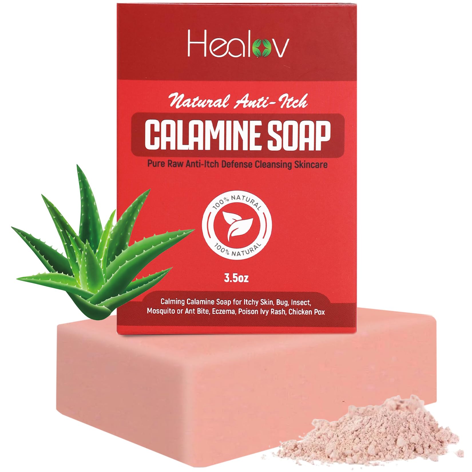 Healov calamine soap front packaging showing bar and calming benefits