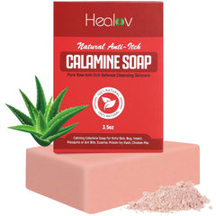 Healov calamine soap front packaging showing bar and calming benefits