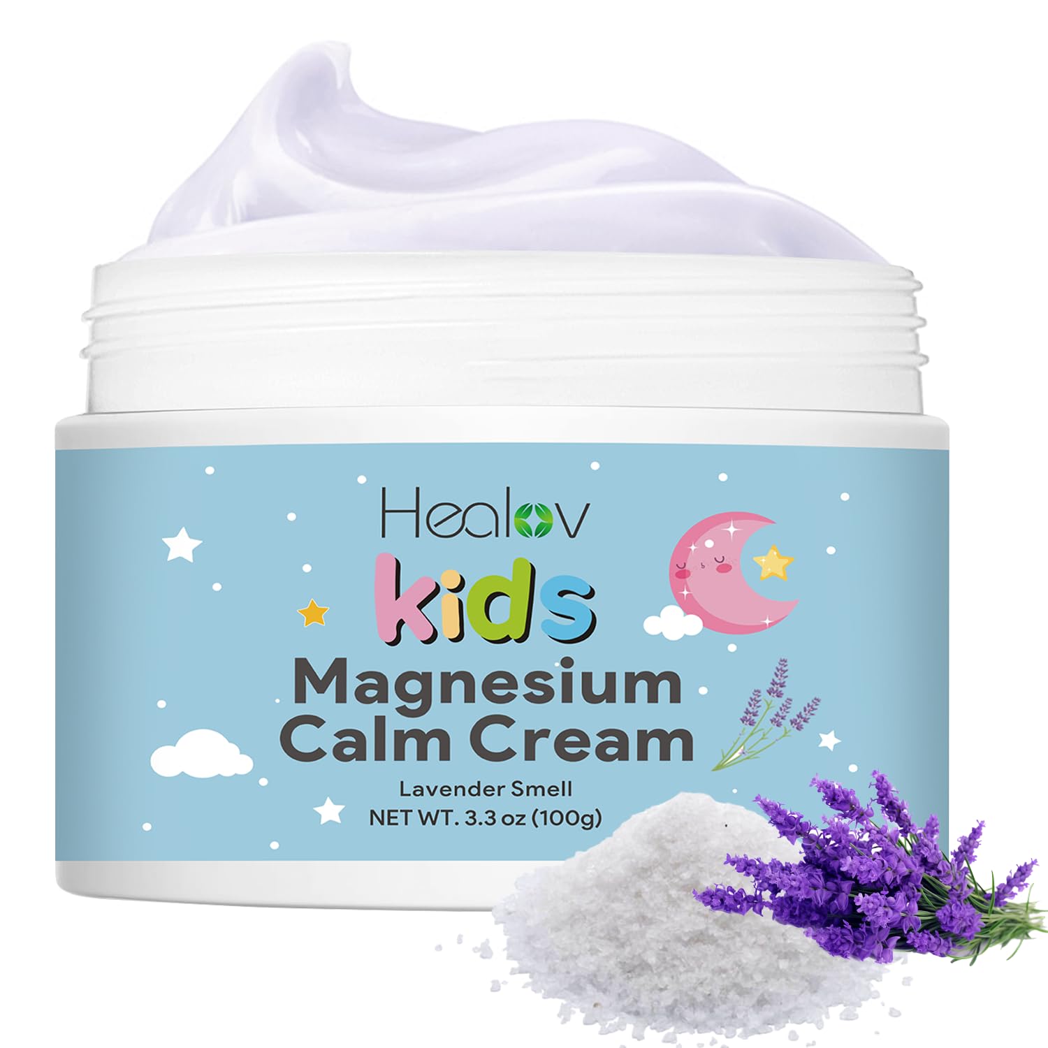 Healov bottle front view showing child-friendly magnesium lotion benefit calming