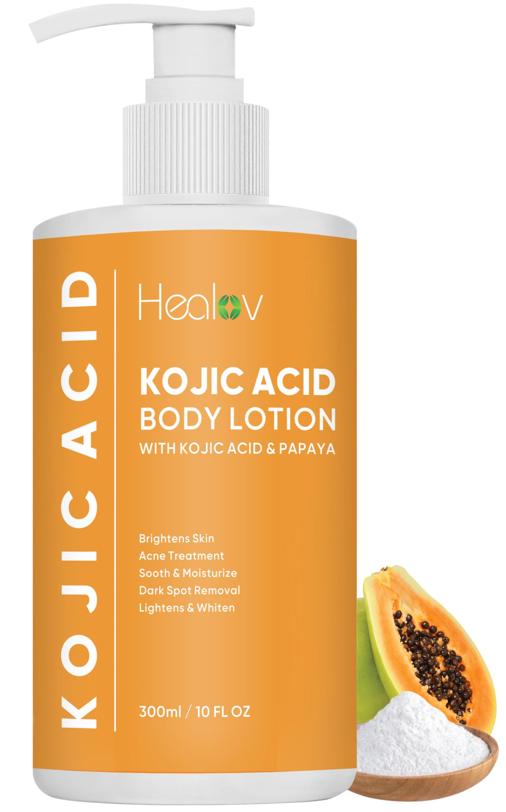 Healov bottle front view showing product and clear benefit of brightening
