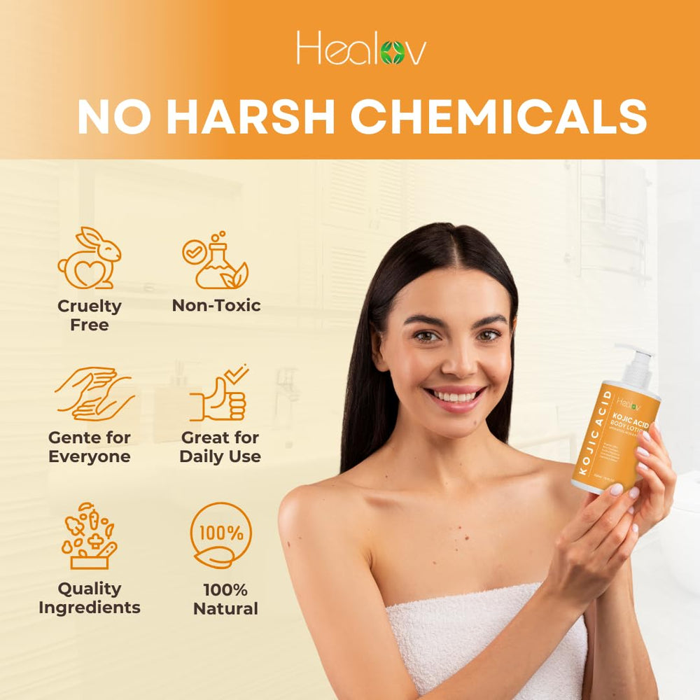 Healov label ingredients detail showing kojic acid and targeted action