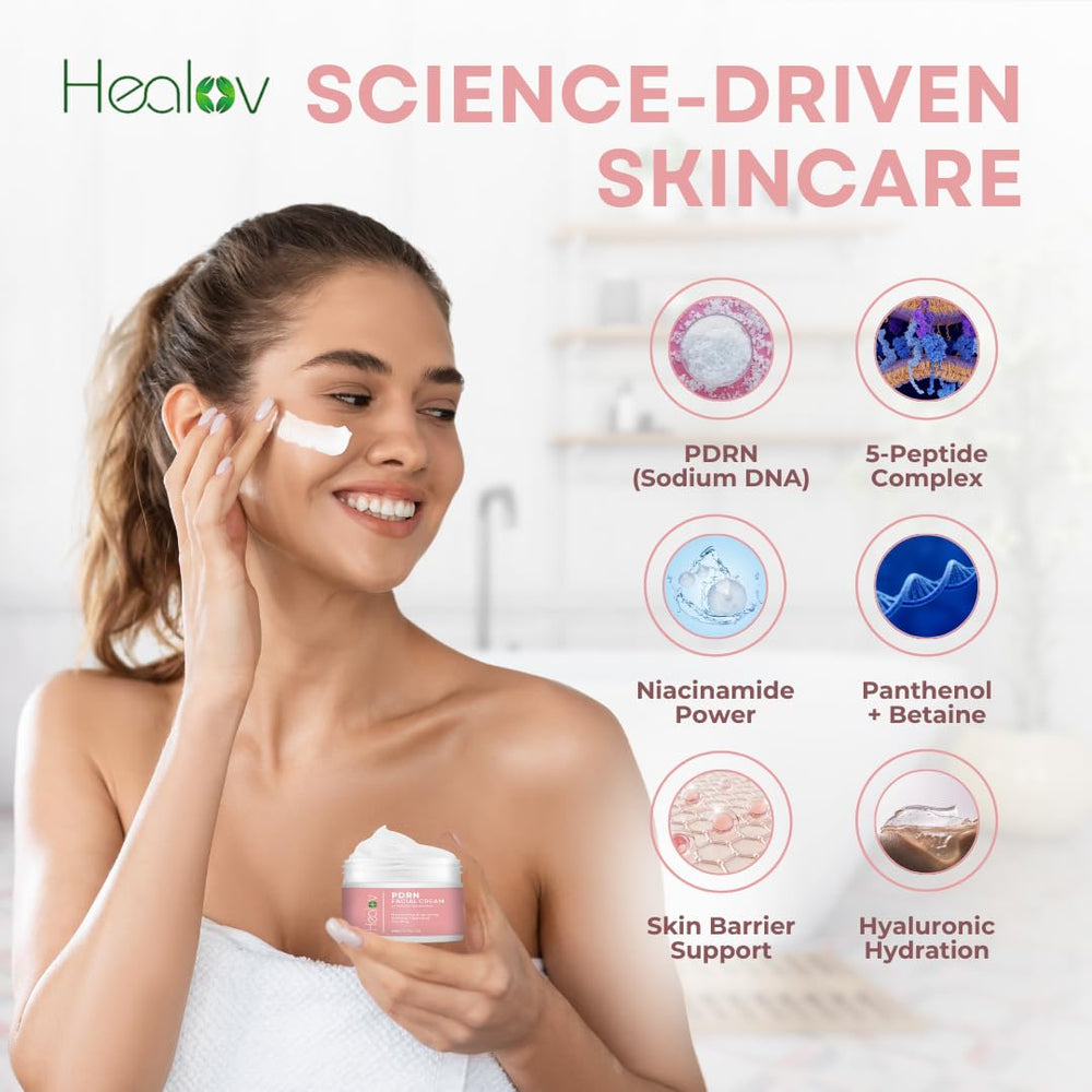 Healov ingredient panel showing salmon PDRN, niacinamide and peptides benefits