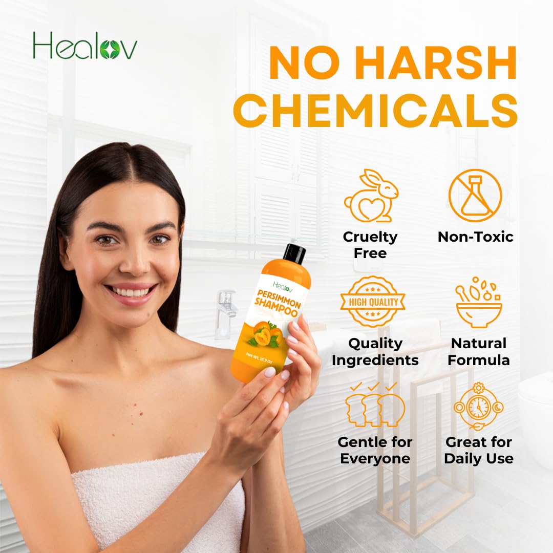 Healov persimmon shampoo on bathroom shelf suggesting daily freshness