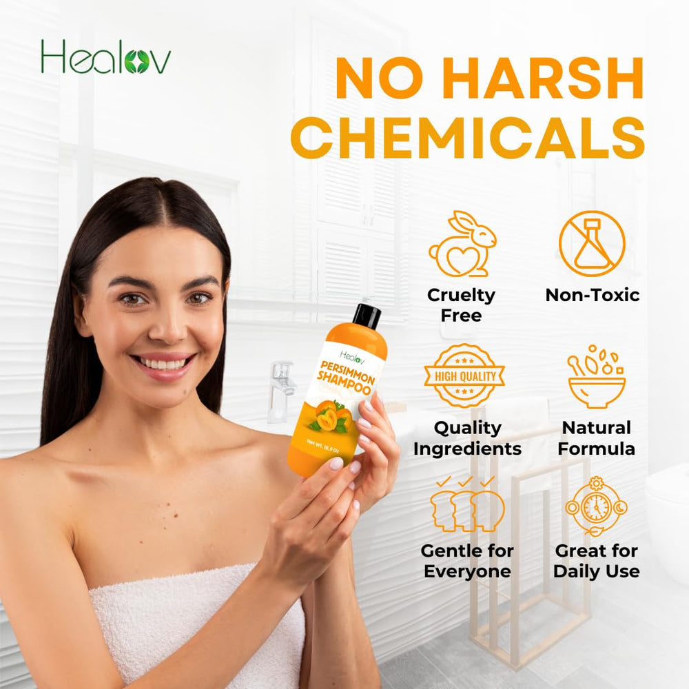 Healov persimmon shampoo on bathroom shelf suggesting daily freshness