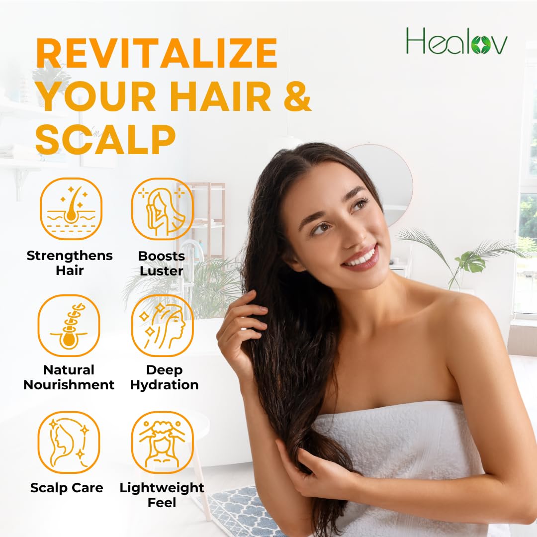 Healov persimmon shampoo applied to hair showing effective cleansing