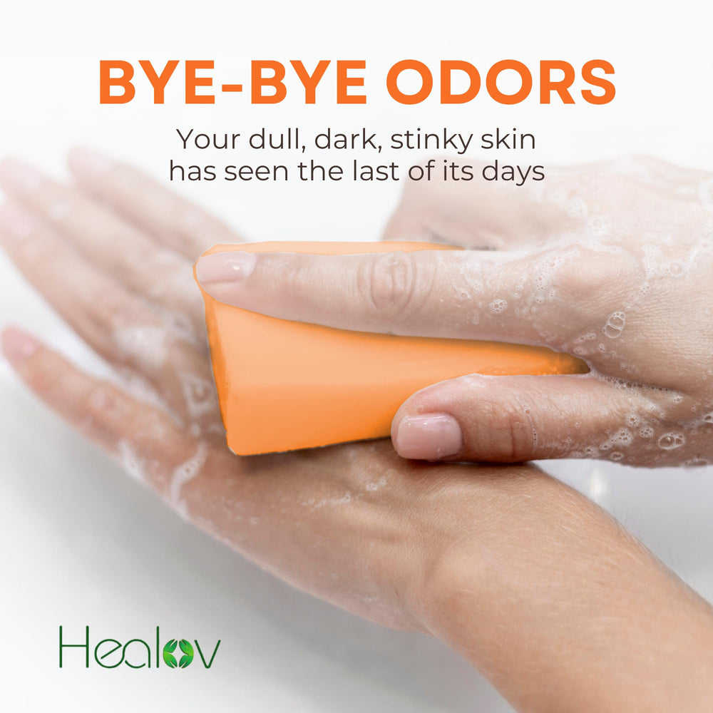 Healov persimmon soap on bathroom tray near towel, suggests daily routine freshness