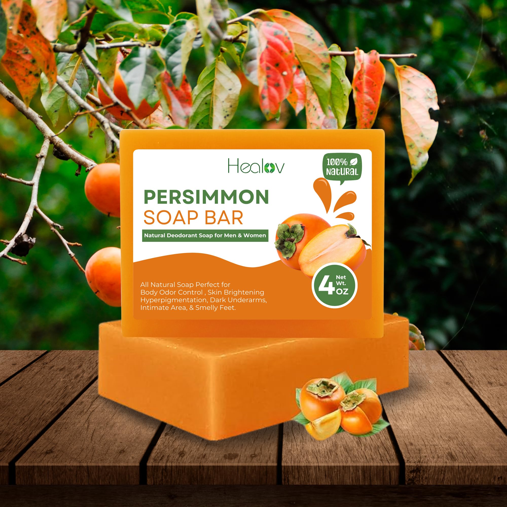Healov persimmon soap being used on foot, communicates odor control benefit
