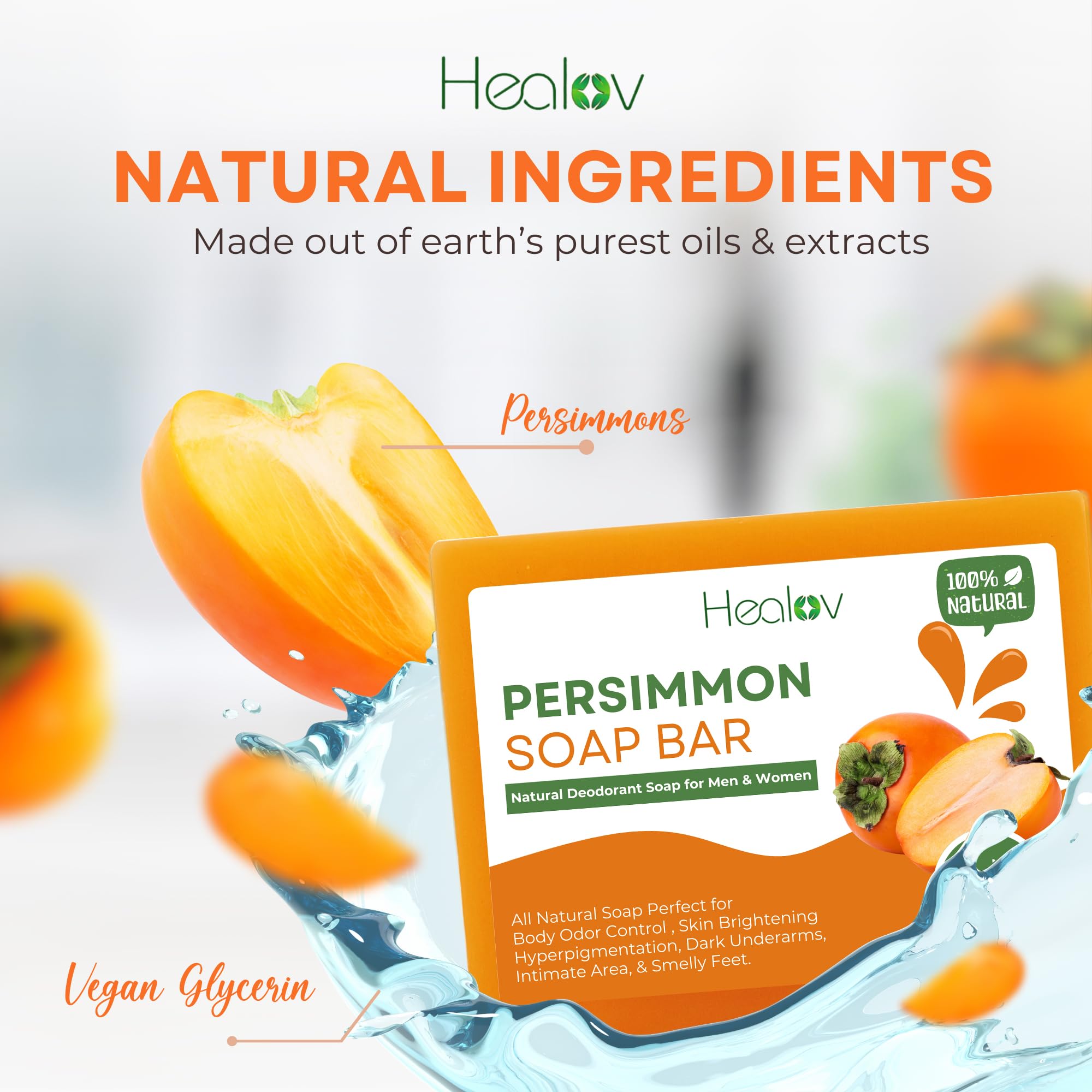 Healov persimmon soap with natural ingredient display, emphasizes clean formulation