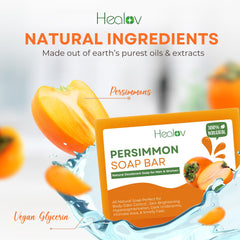 Healov persimmon soap with natural ingredient display, emphasizes clean formulation