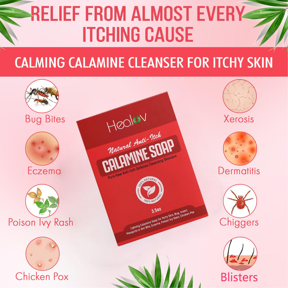 Healov calamine soap close-up texture highlighting calming oats and clay