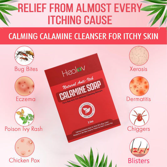 Healov calamine soap close-up texture highlighting calming oats and clay