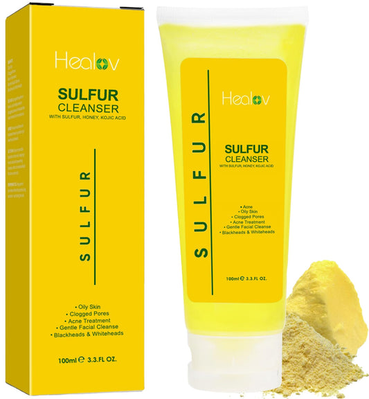 Healov sulfur soap front packaging shows product and benefits
