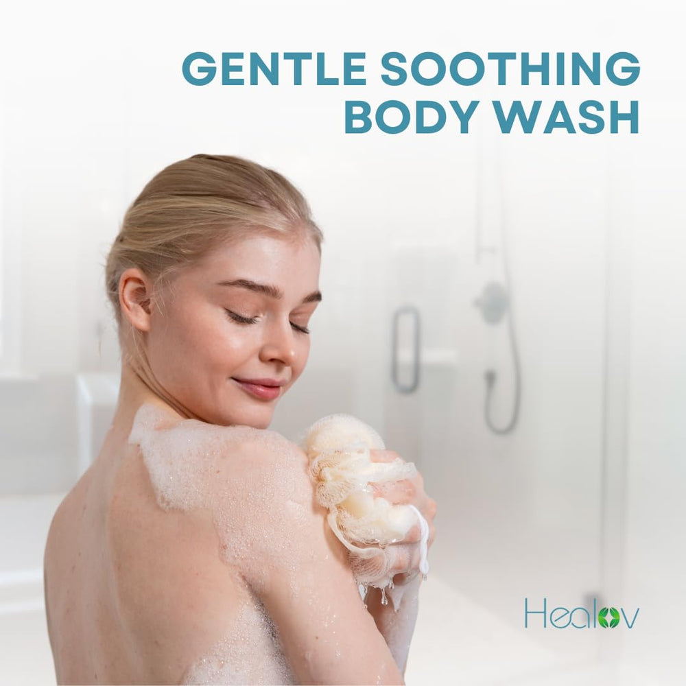 Healov texture close-up emphasizing creamy lather and moisturizing feel