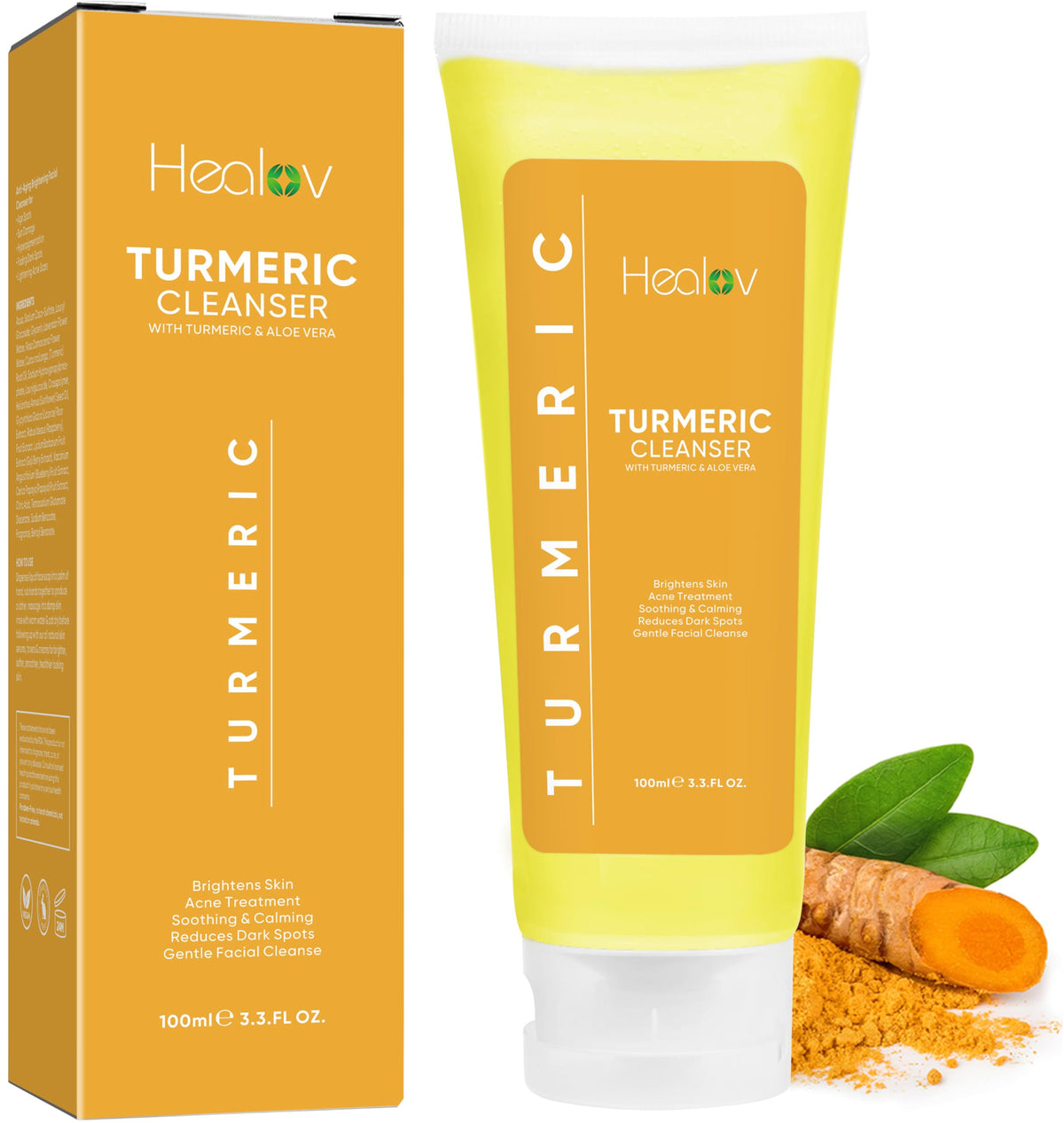 Healov bottle front view showing turmeric face wash and brightening benefit