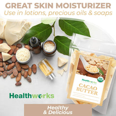 Healthworks cacao beans next to butter showing source and natural origin