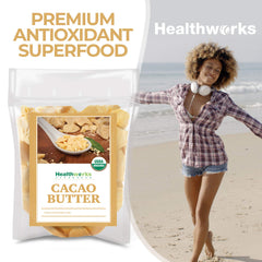 Healthworks cacao butter in baking bowl illustrating richness for desserts