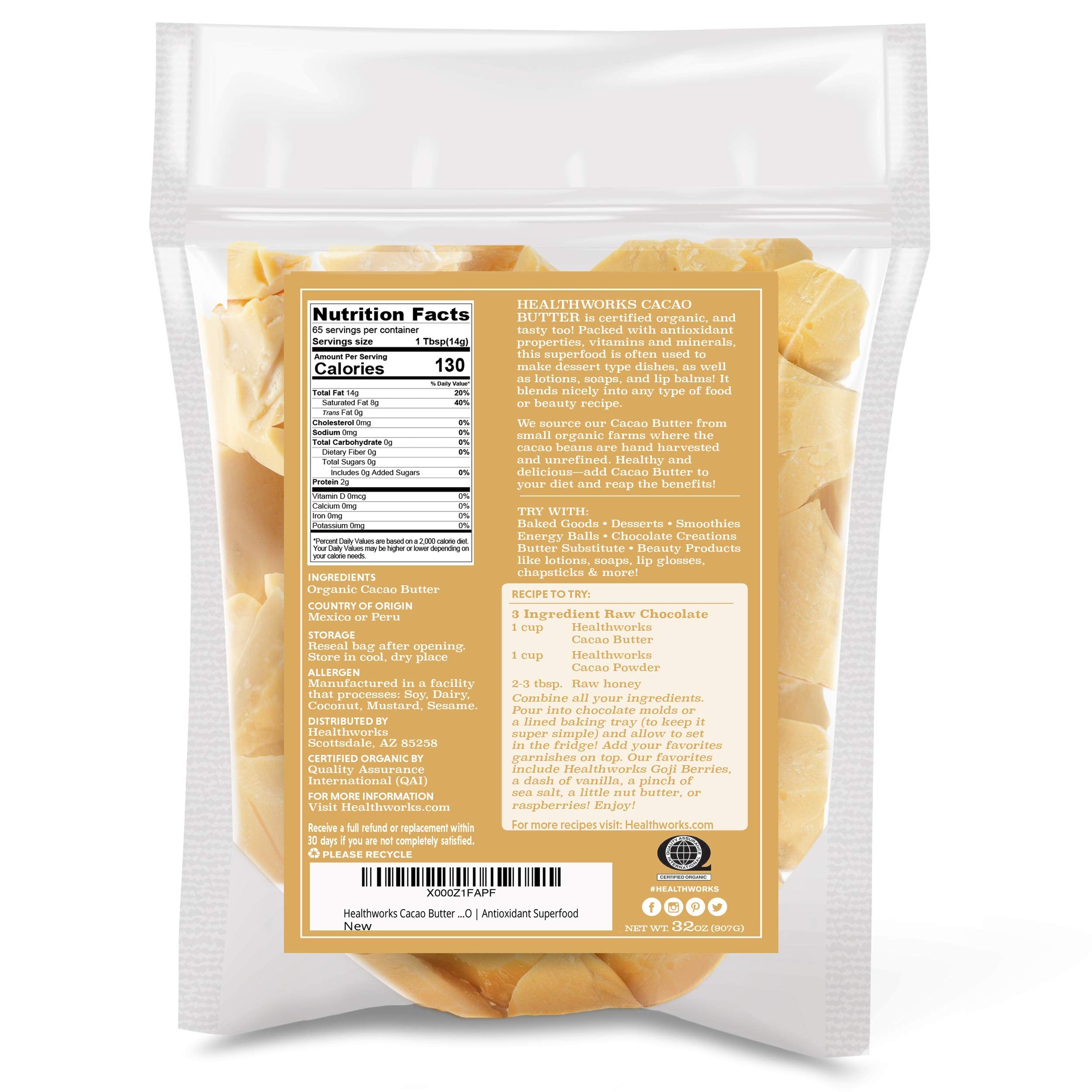 Healthworks cacao butter open jar showing creamy texture for easy blending